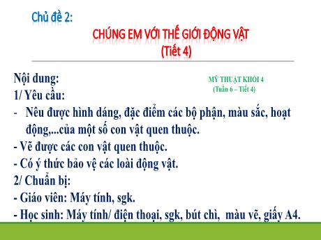 Bài giảng Mĩ thuật Lớp 4 - Tuần 6, Chủ đề 2: Chúng em với thế giới động vật (Tiết 4) - Nguyễn Thị Quỳnh Trang