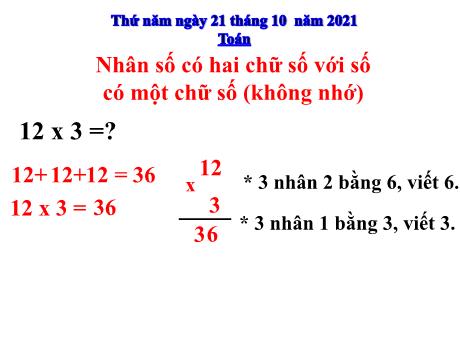Bài giảng Toán Lớp 3 - Nhân số có hai chữ số với số có một chữ số (không nhớ) - Năm học 2021-2022