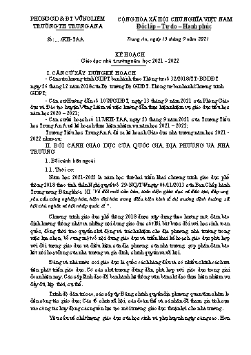 Kế hoạch giáo dục năm học 2021-2022 - Trường Tiểu học Trung An A