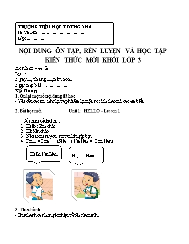 Nội dung bài dạy Tiếng Anh Lớp 3 - Unit 1+2 - Năm học 2021-2022 - Trường Tiểu học Trung An A