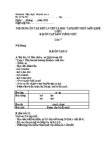 Nội dung bài dạy Tiếng Việt Lớp 1 (Lần 7 đến 10) - Bài ôn tập 13 đến 20